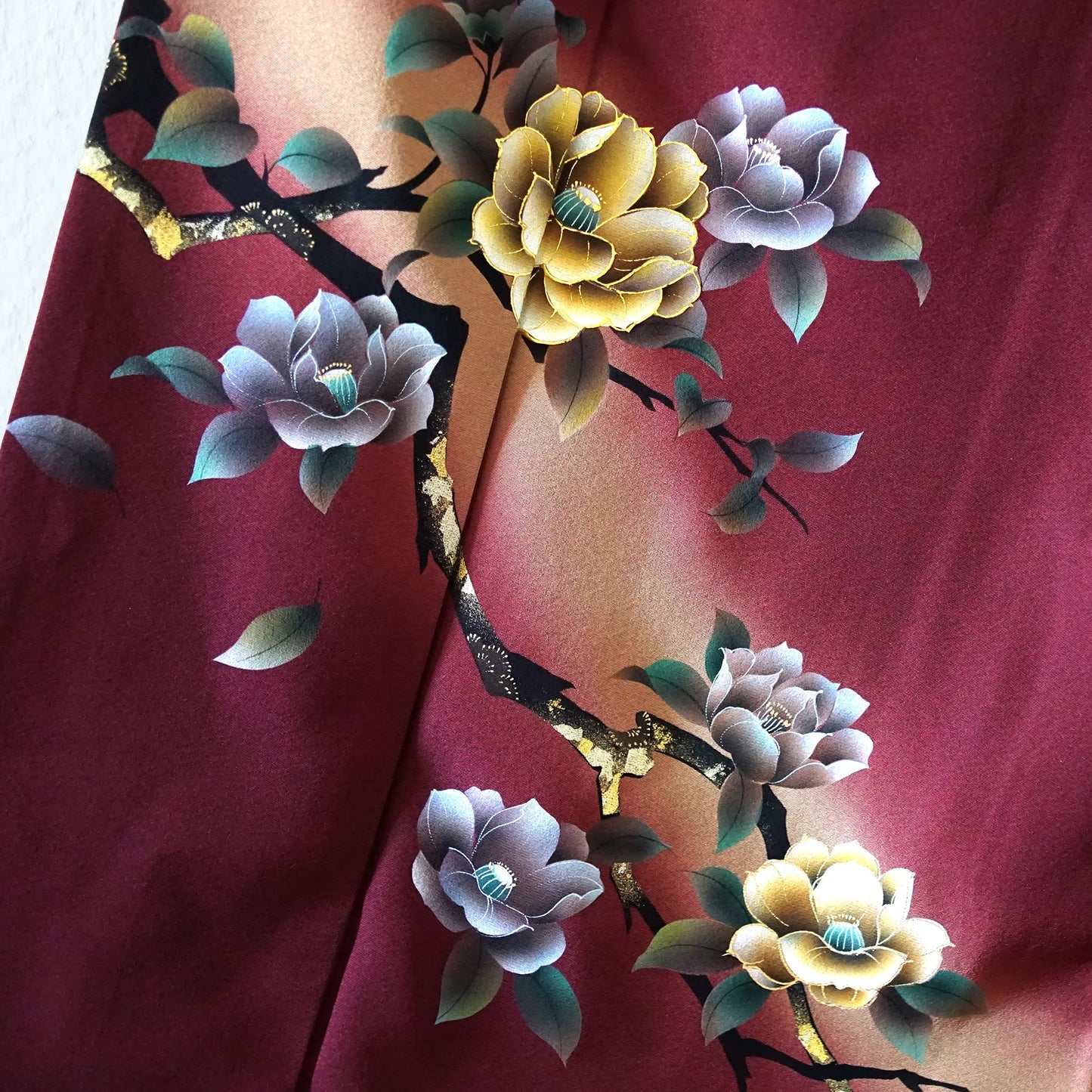Awase Houmongi Kimono – Silk Chirimen – Burgundy Magnolias (Tall) – 176/71/48