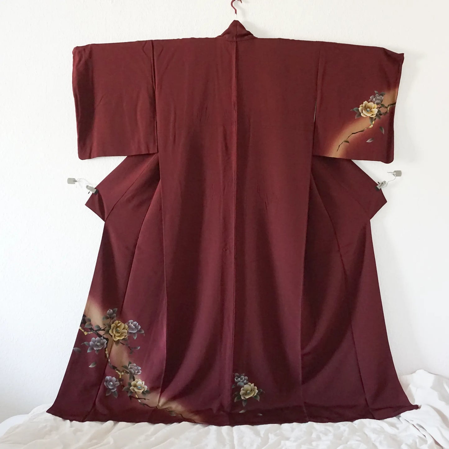 Awase Houmongi Kimono – Silk Chirimen – Burgundy Magnolias (Tall) – 176/71/48