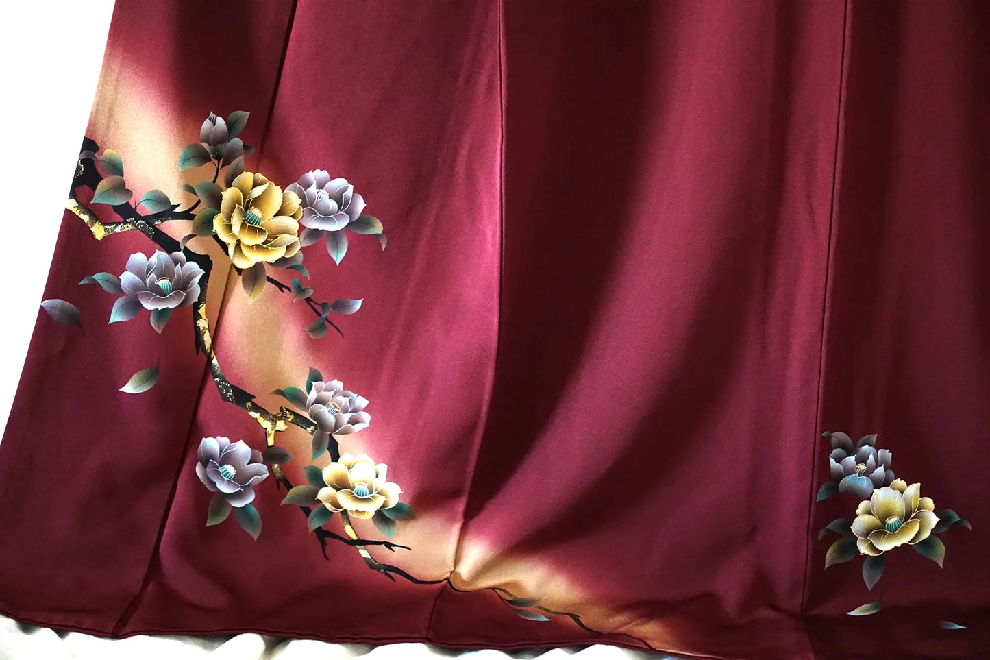 Awase Houmongi Kimono – Silk Chirimen – Burgundy Magnolias (Tall) – 176/71/48