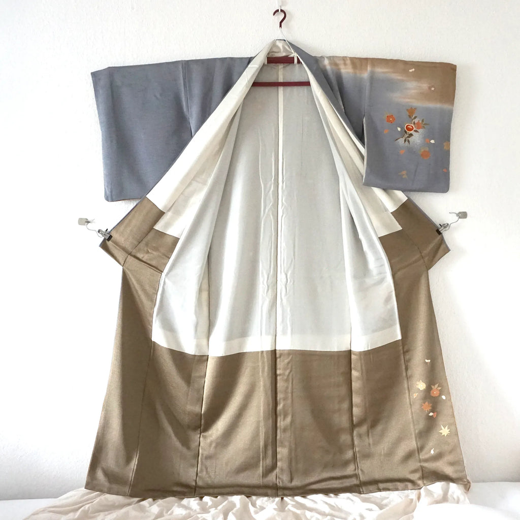 Awase Kimono – Silk Rinzu w/ Koma Shishū – Blue-Grey & Gold, Butterflies & Florals – 164/67.5/48