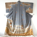 Awase Kimono – Silk Rinzu w/ Koma Shishū – Blue-Grey & Gold, Butterflies & Florals – 164/67.5/48