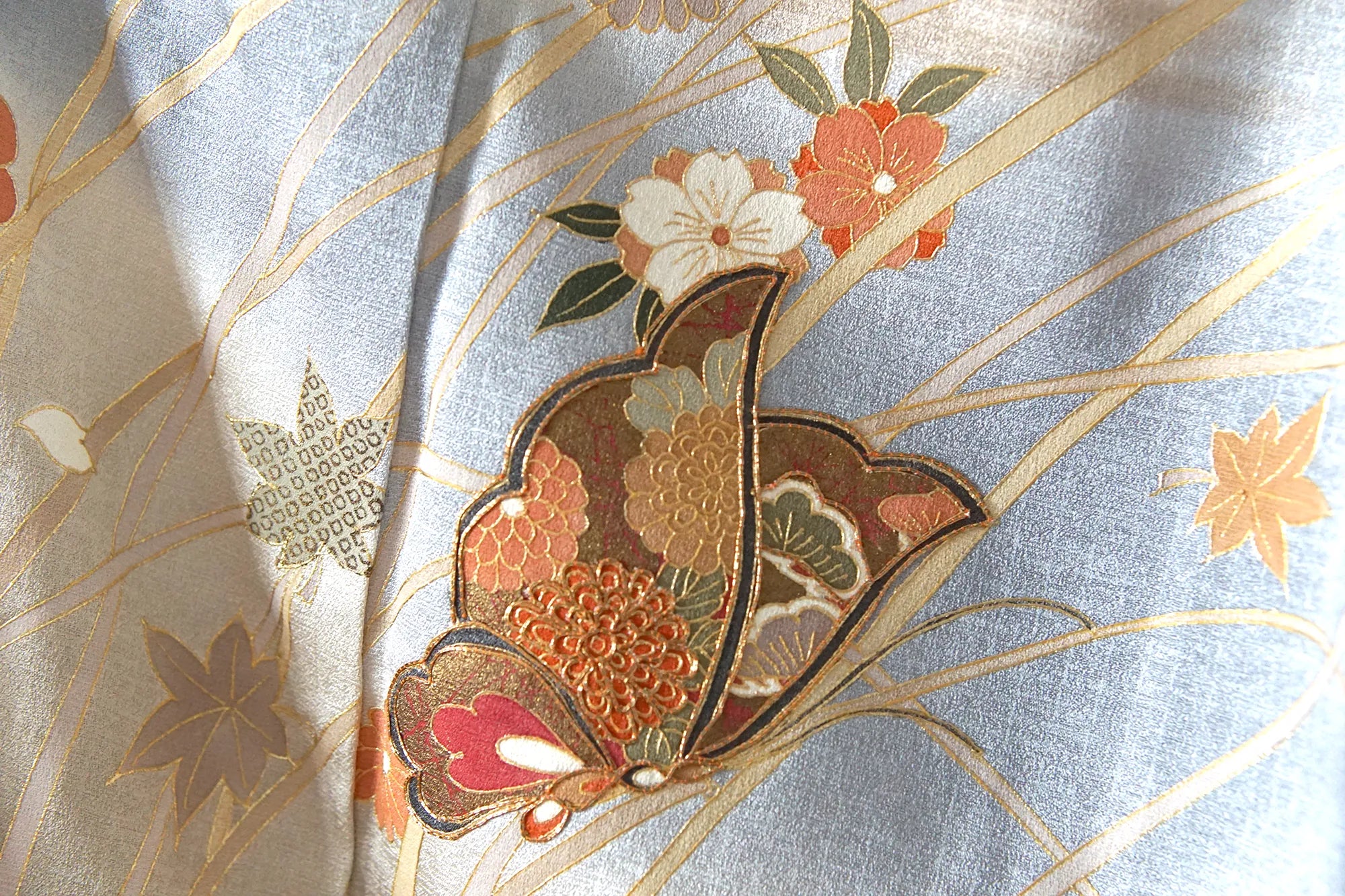 Awase Kimono – Silk Rinzu w/ Koma Shishū – Blue-Grey & Gold, Butterflies & Florals – 164/67.5/48