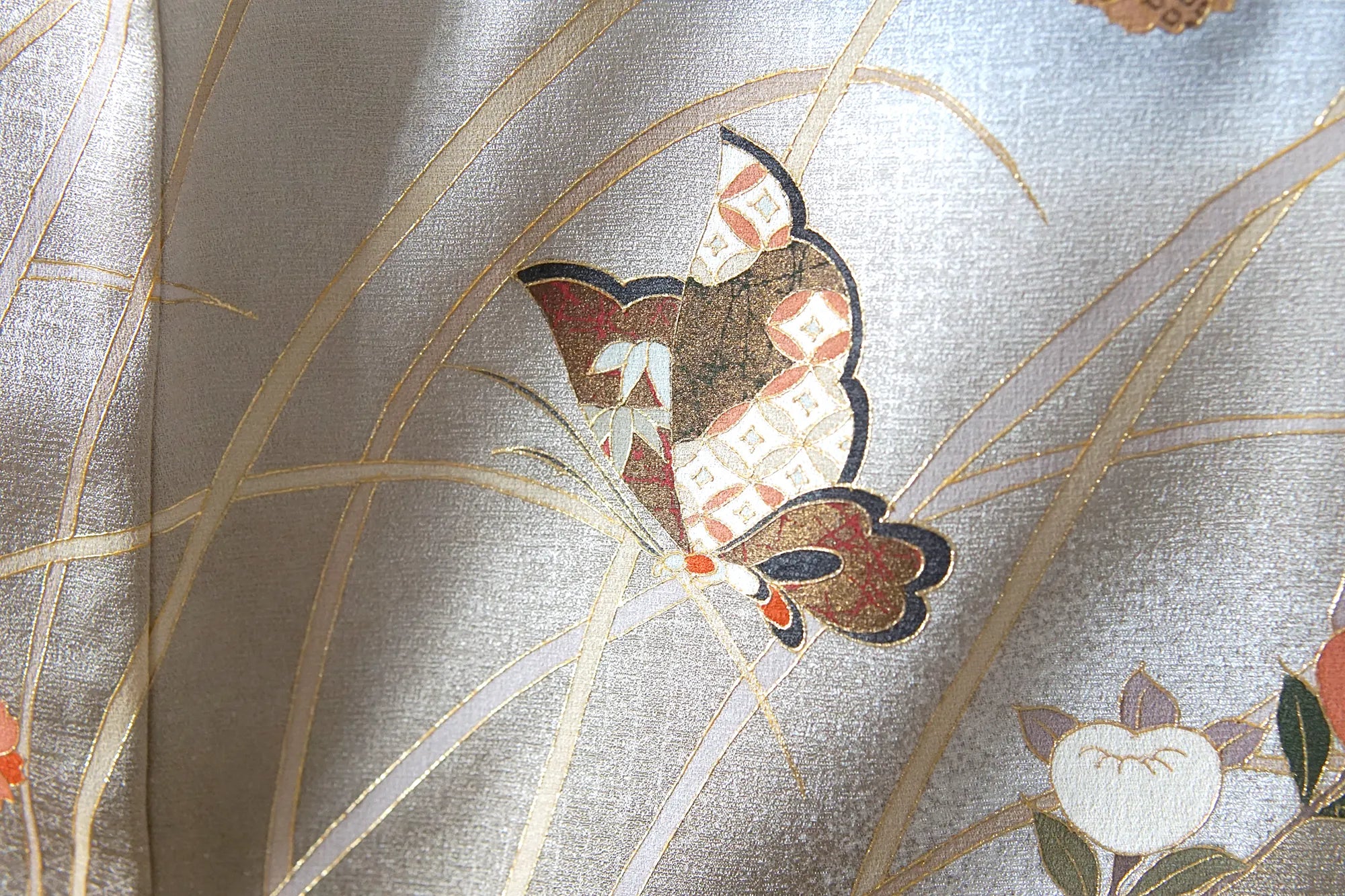 Awase Kimono – Silk Rinzu w/ Koma Shishū – Blue-Grey & Gold, Butterflies & Florals – 164/67.5/48