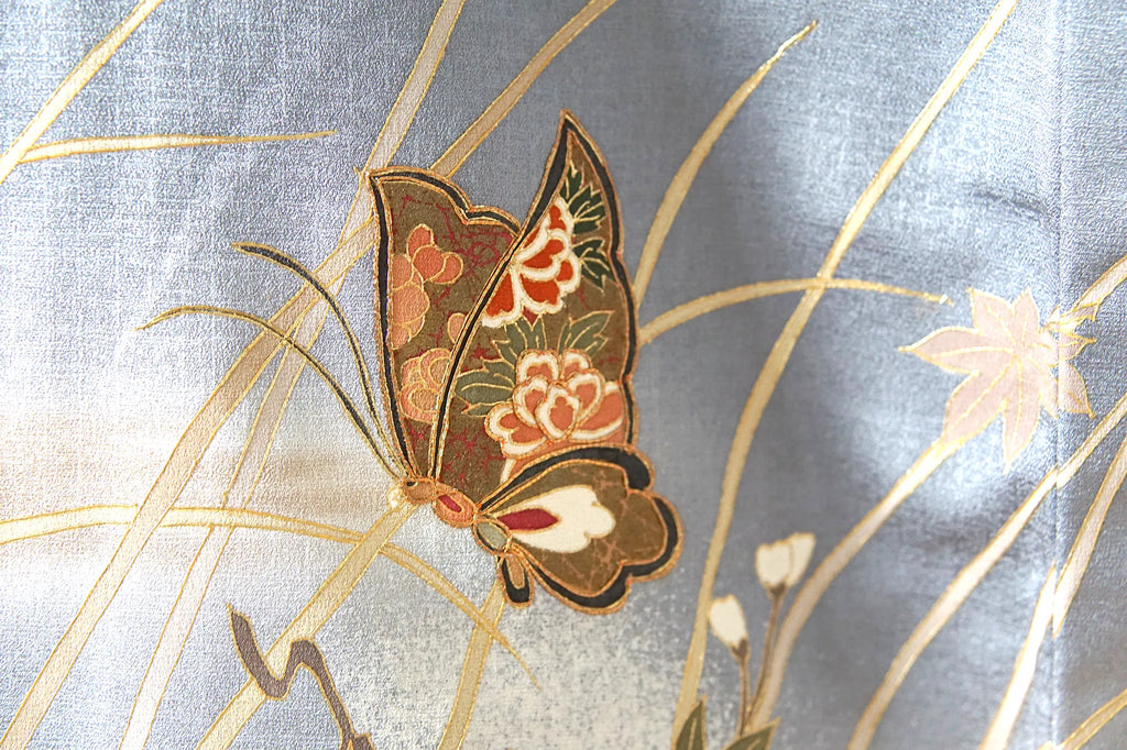Awase Kimono – Silk Rinzu w/ Koma Shishū – Blue-Grey & Gold, Butterflies & Florals – 164/67.5/48