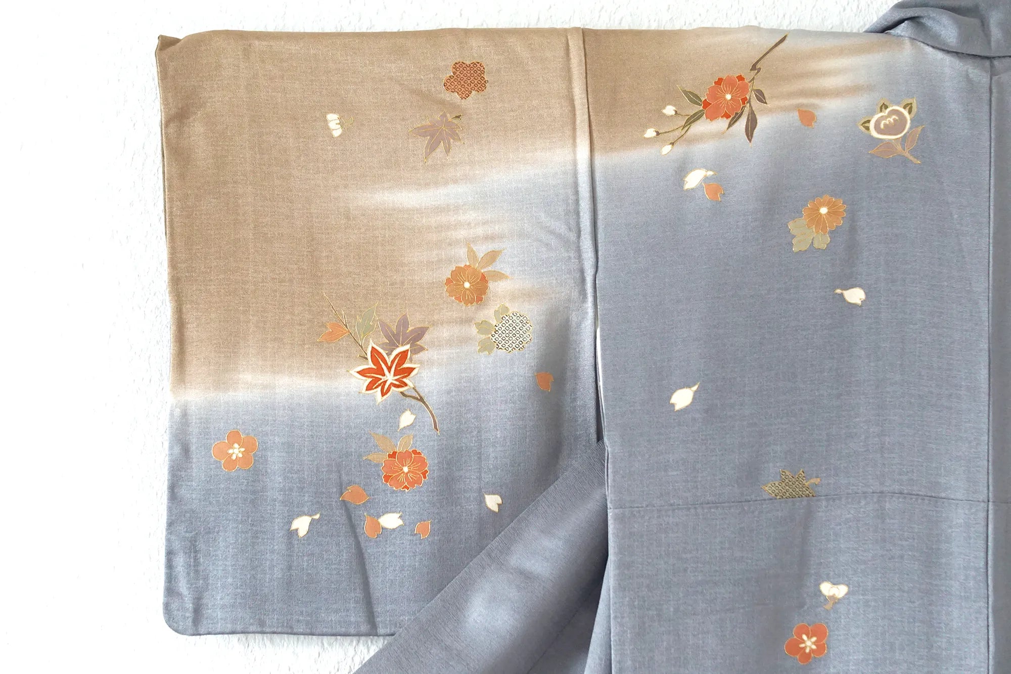 Awase Kimono – Silk Rinzu w/ Koma Shishū – Blue-Grey & Gold, Butterflies & Florals – 164/67.5/48