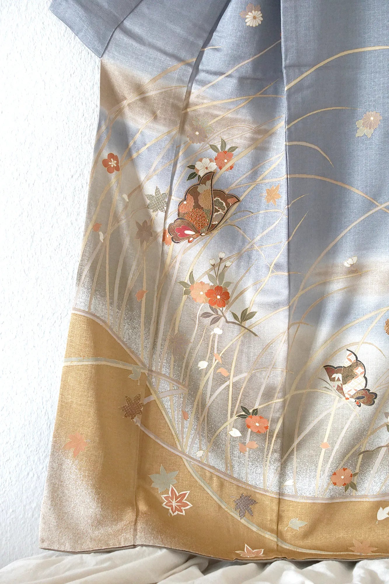 Awase Kimono – Silk Rinzu w/ Koma Shishū – Blue-Grey & Gold, Butterflies & Florals – 164/67.5/48