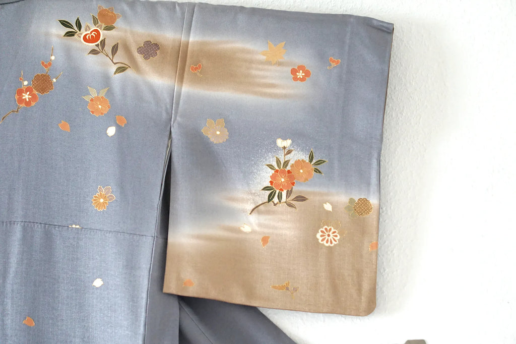 Awase Kimono – Silk Rinzu w/ Koma Shishū – Blue-Grey & Gold, Butterflies & Florals – 164/67.5/48