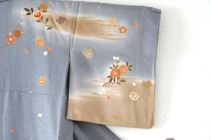 Awase Kimono – Silk Rinzu w/ Koma Shishū – Blue-Grey & Gold, Butterflies & Florals – 164/67.5/48