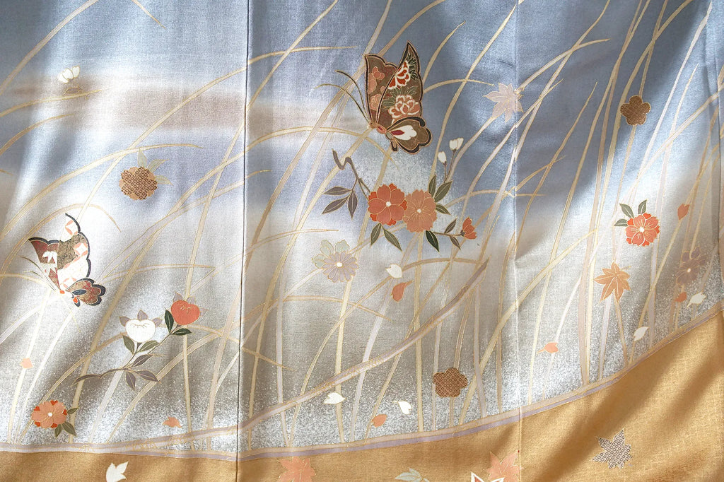 Awase Kimono – Silk Rinzu w/ Koma Shishū – Blue-Grey & Gold, Butterflies & Florals – 164/67.5/48