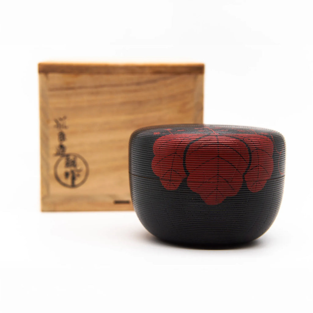 Large Flat Matcha Tea Container with Paulownia & Chrysanthemum Maki-e by Tsukushiro Tsukuryou