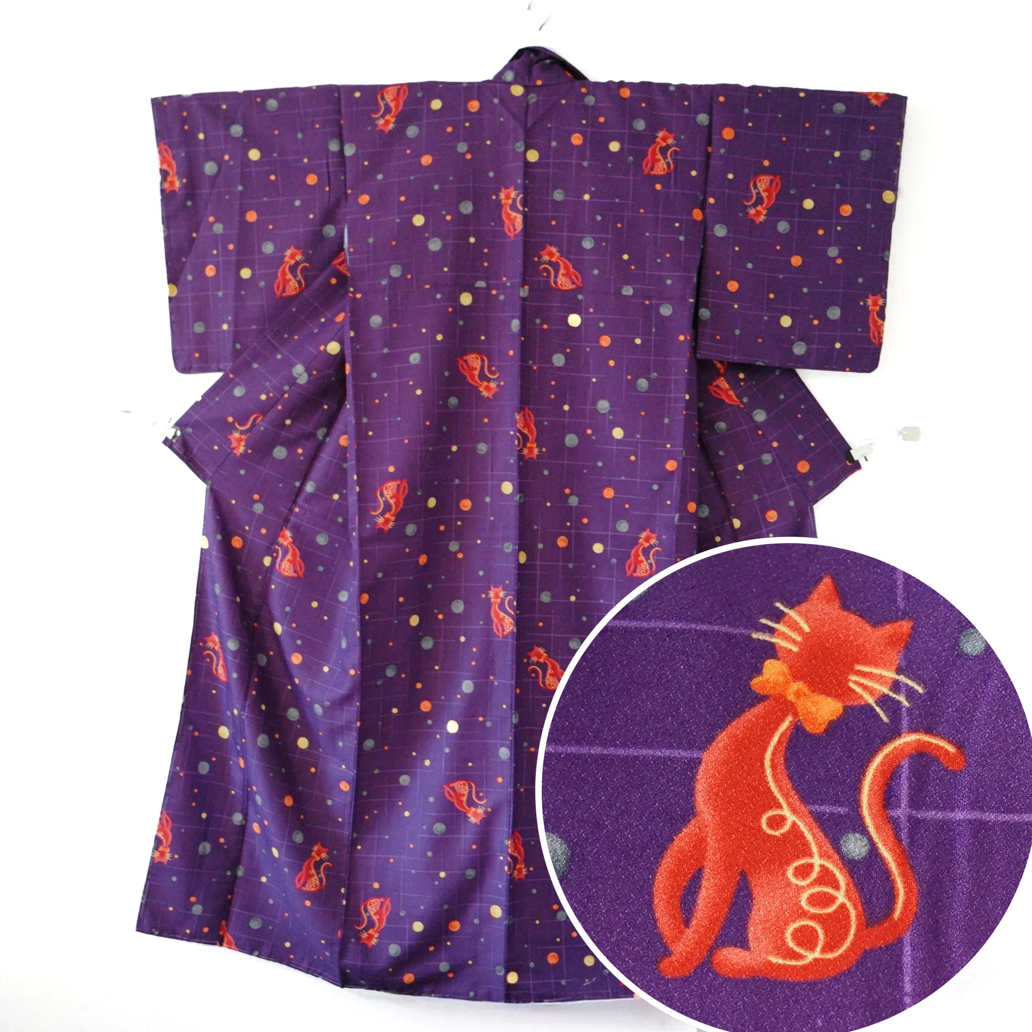 Komon (Awase) – Washable Kimono – Red Cats in Space (Purple) – 162/66.5