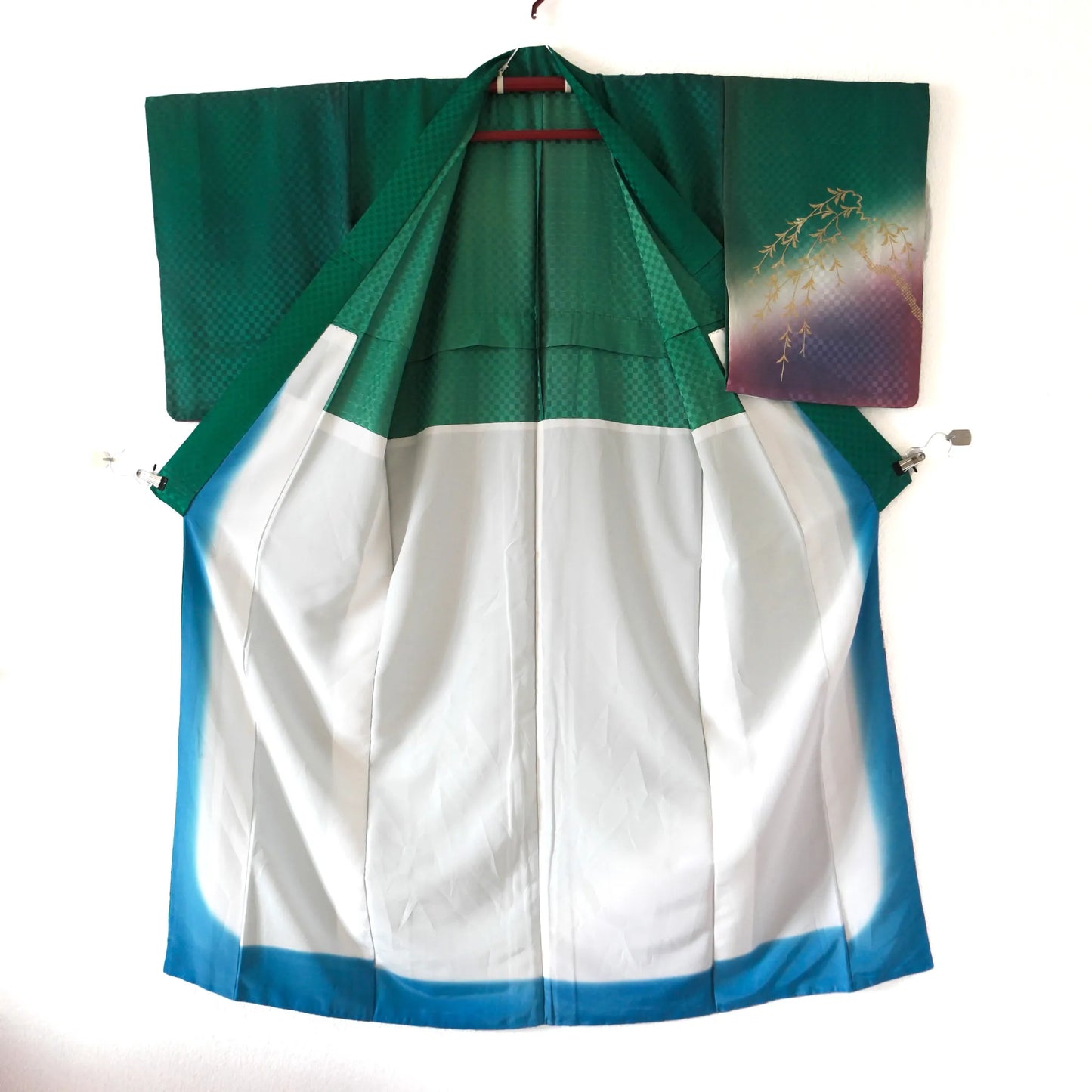 Hōmongi – Washable Kimono – Gold Willows & Bridge – Green×Purple Gradient – 153/64/53