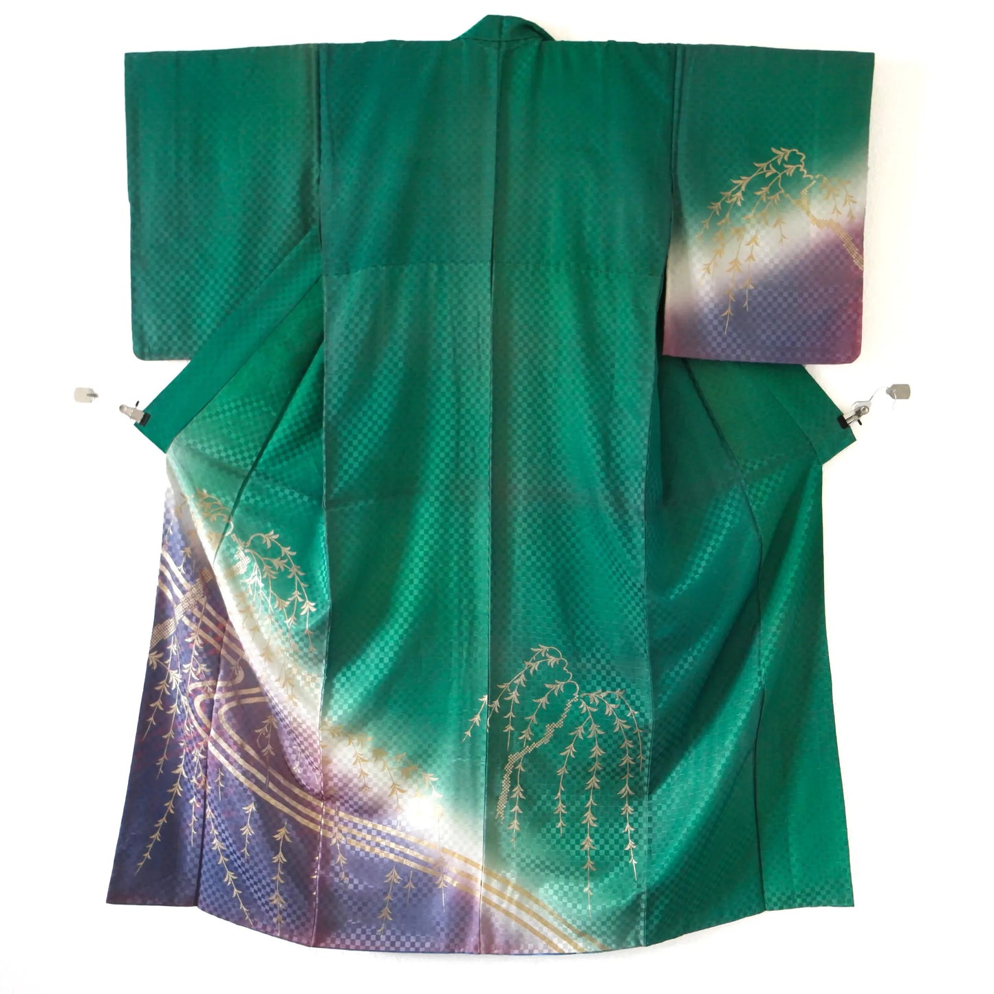 Hōmongi – Washable Kimono – Gold Willows & Bridge – Green×Purple Gradient – 153/64/53