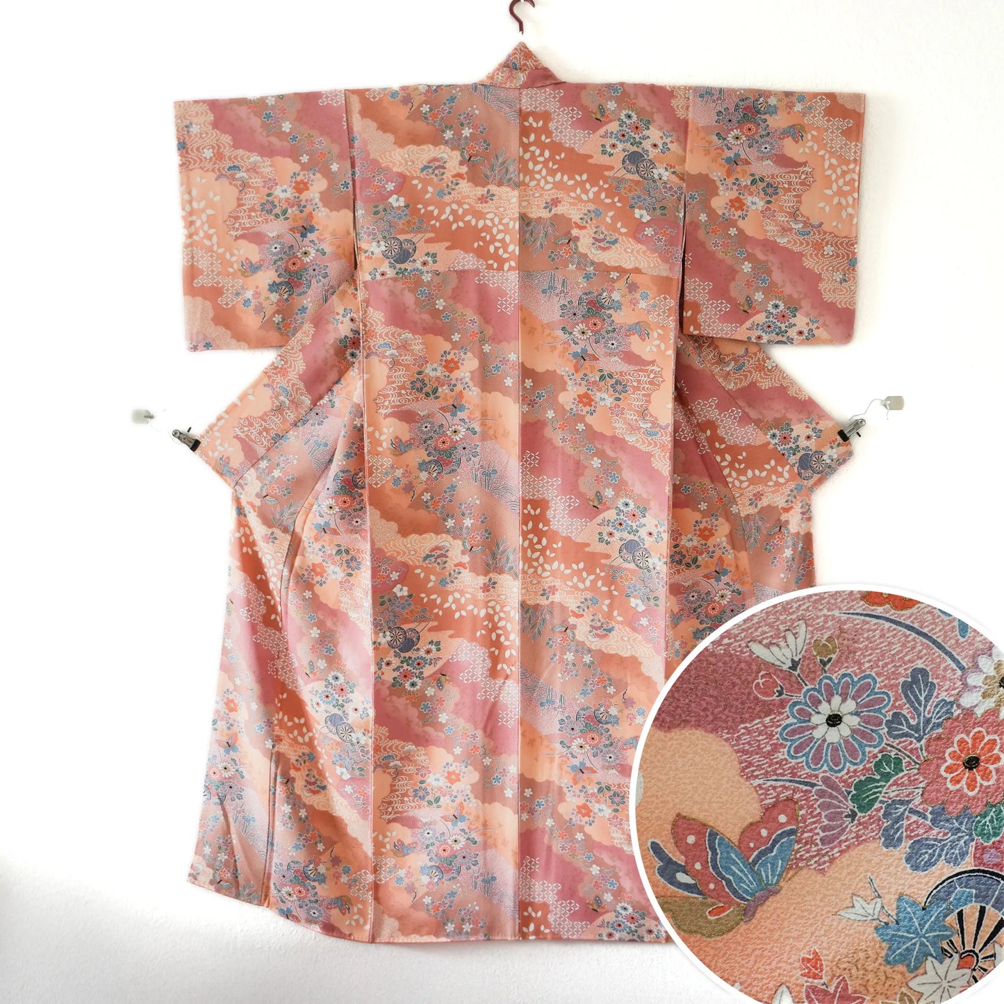Komon (Awase) – Silk Chirimen – Peach Pink, Florals & Butterflies – 162/63/47